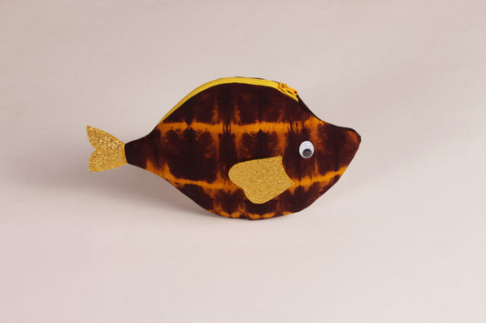 Side view of Brown Pomfret Fish Pouch made from cotton fabric with a zip closure