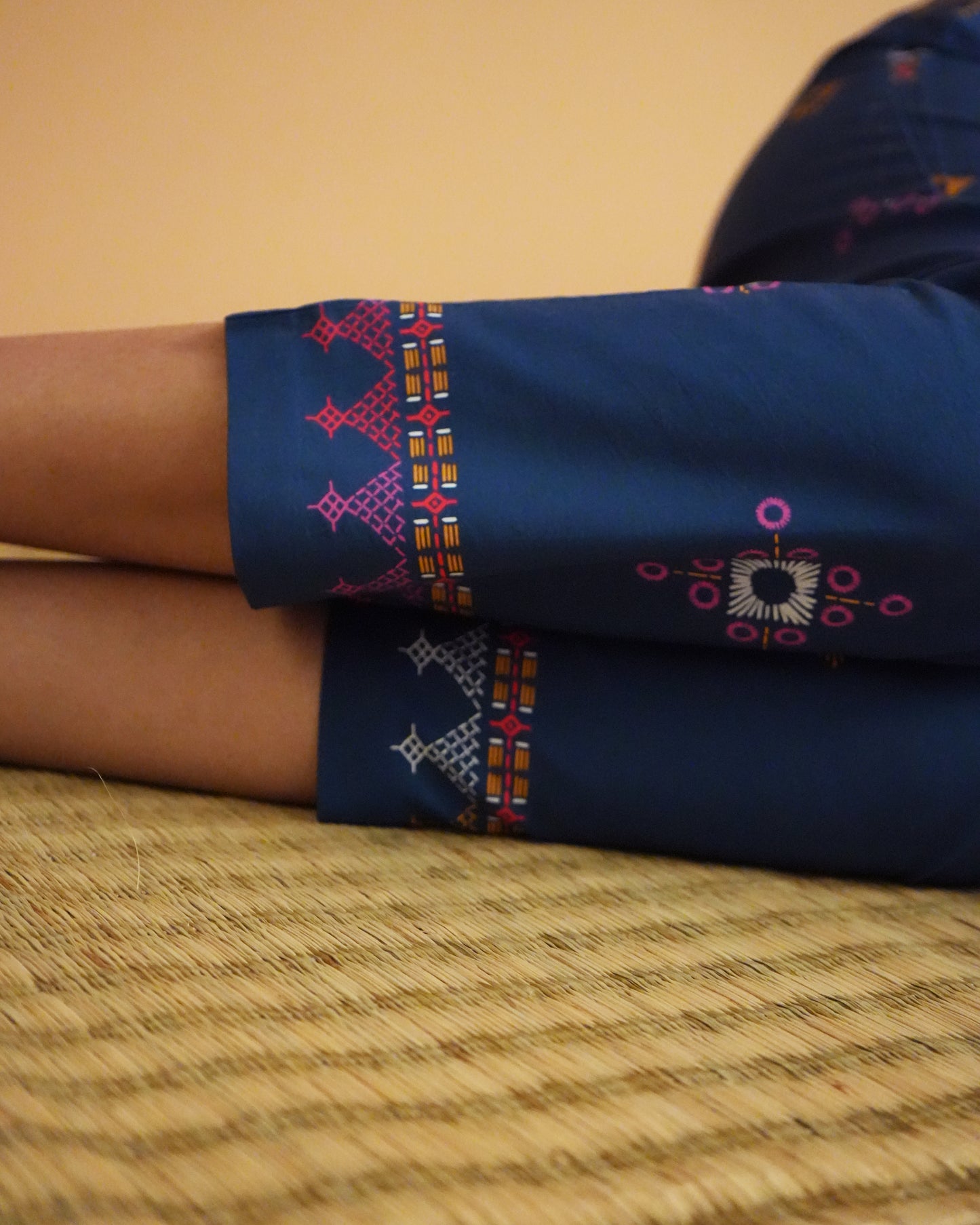 Zoomed-in view of straight-fit pants from the blue Selu Cotton Kurta Co-ord Set