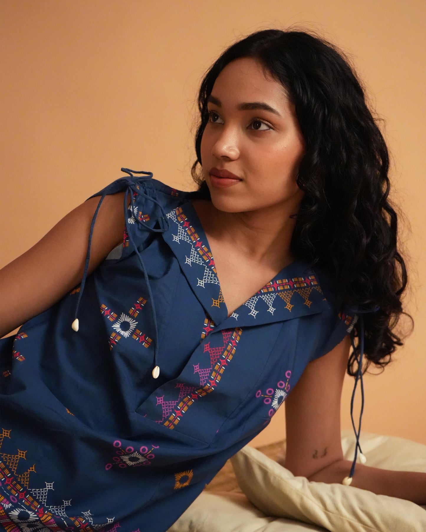 Close-up of shell accents and tribal print details on the Selu Cotton Kurta Co-ord Set