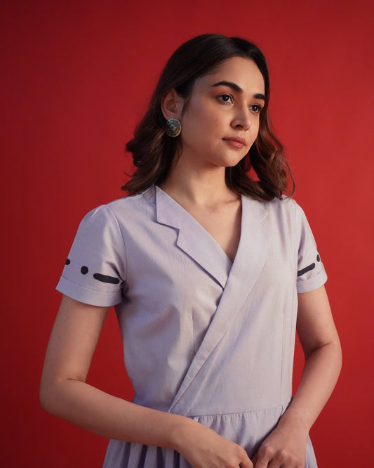 Detailed shot of lapel-collar design in lavender cotton from the Usu Cotton Kurta Co-ord Set