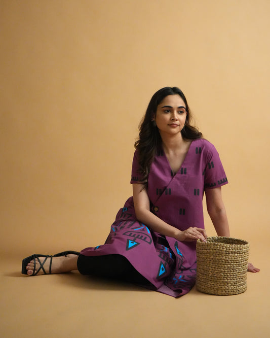 Model in Papuro Cotton Co-ord Set featuring violet wrap kurta with wooden buttons, tribal prints, and slim pants
