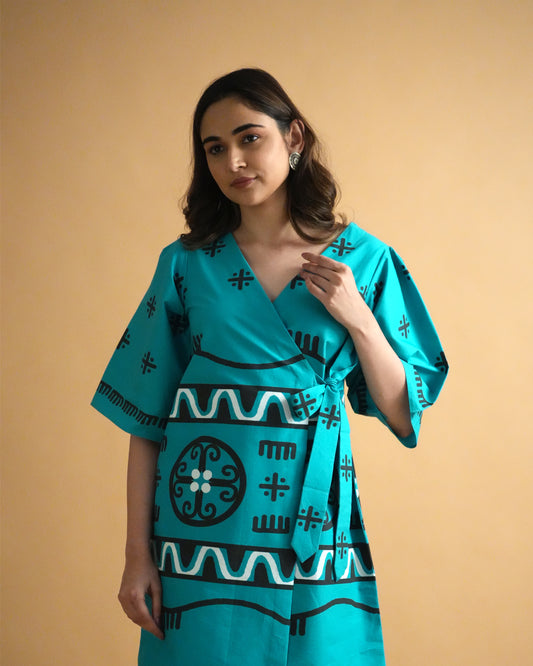 Close-up of tie detail on the turquoise wrap-style kurta from the Biru Cotton Co-ord Set.