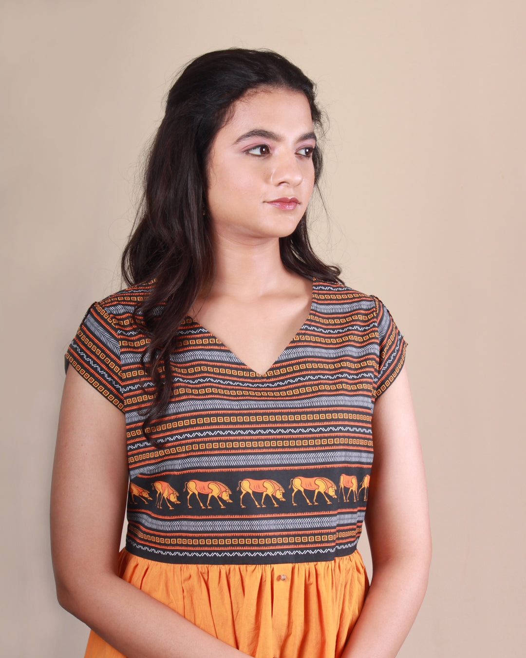 Closeup front view of orange Amphora Pottery Dress in cotton fabric with printed yoke detail and cap sleeves