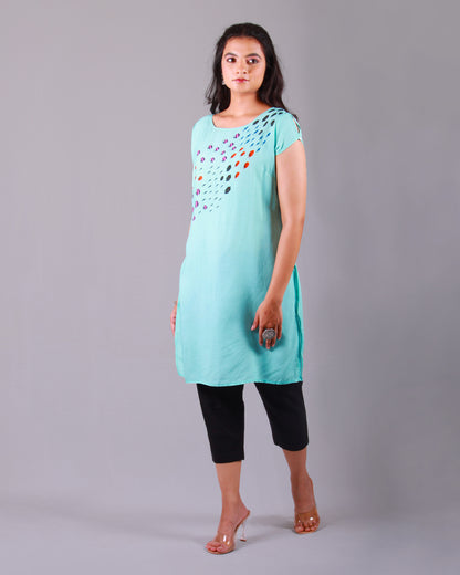 Front side full view of Blue Fish Current Tunic in cotton blend with an A-line silhouette and cap sleeves