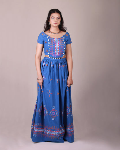 Full front view of Blue Lambada Co-ord Set in cotton with chic cap sleeves, playful tassel and shell details