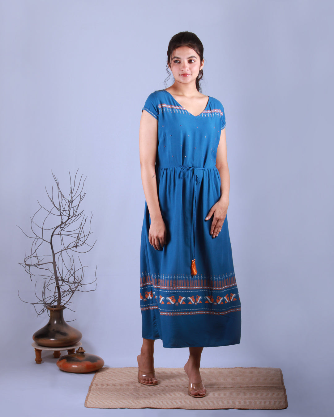 Full side front view of Blue Pottery Maxi Dress in cotton blend with drawstring and cap sleeves detail