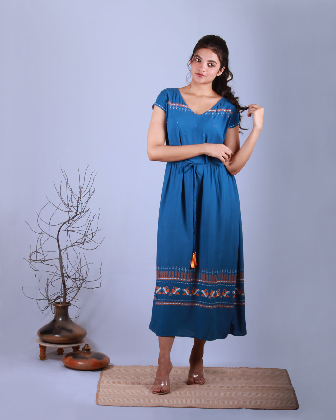 Full front view of Blue Pottery Maxi Dress in cotton blend with drawstring and cap sleeves detail