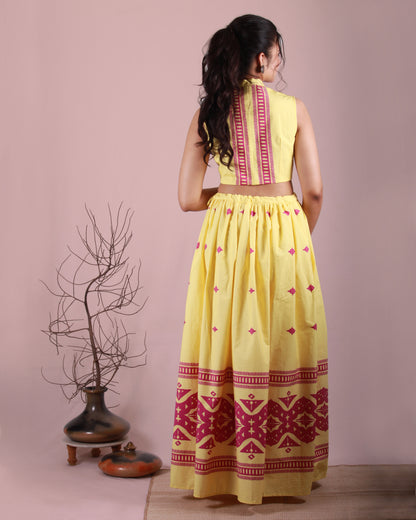 Full back view of Ceramic Yellow Co-ord Set in cotton with bandh gala bodice and gathered skirt