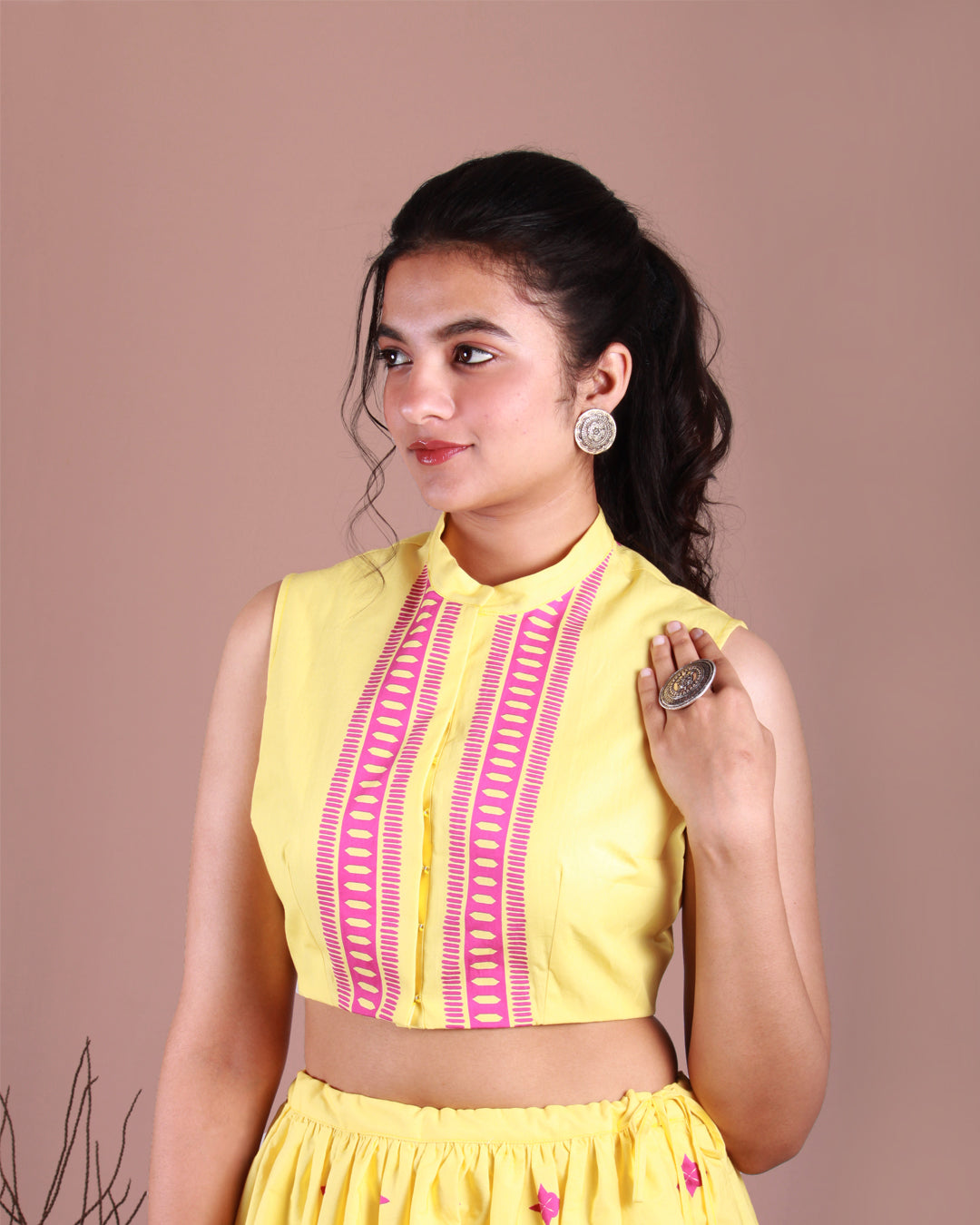 Top closeup of Ceramic Yellow Co-ord Set in cotton with bandh gala bodice and gathered skirt