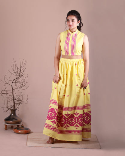 Full front view of Ceramic Yellow Co-ord Set in cotton with bandh gala bodice and gathered skirt