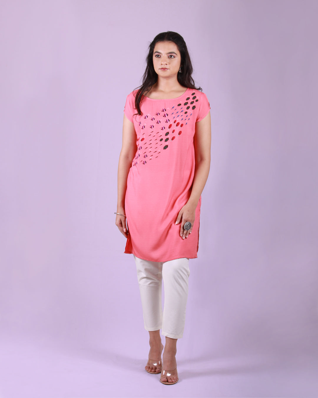 Front full view of Coral Fish Current Tunic in cotton blend with an A-line silhouette and cap sleeves