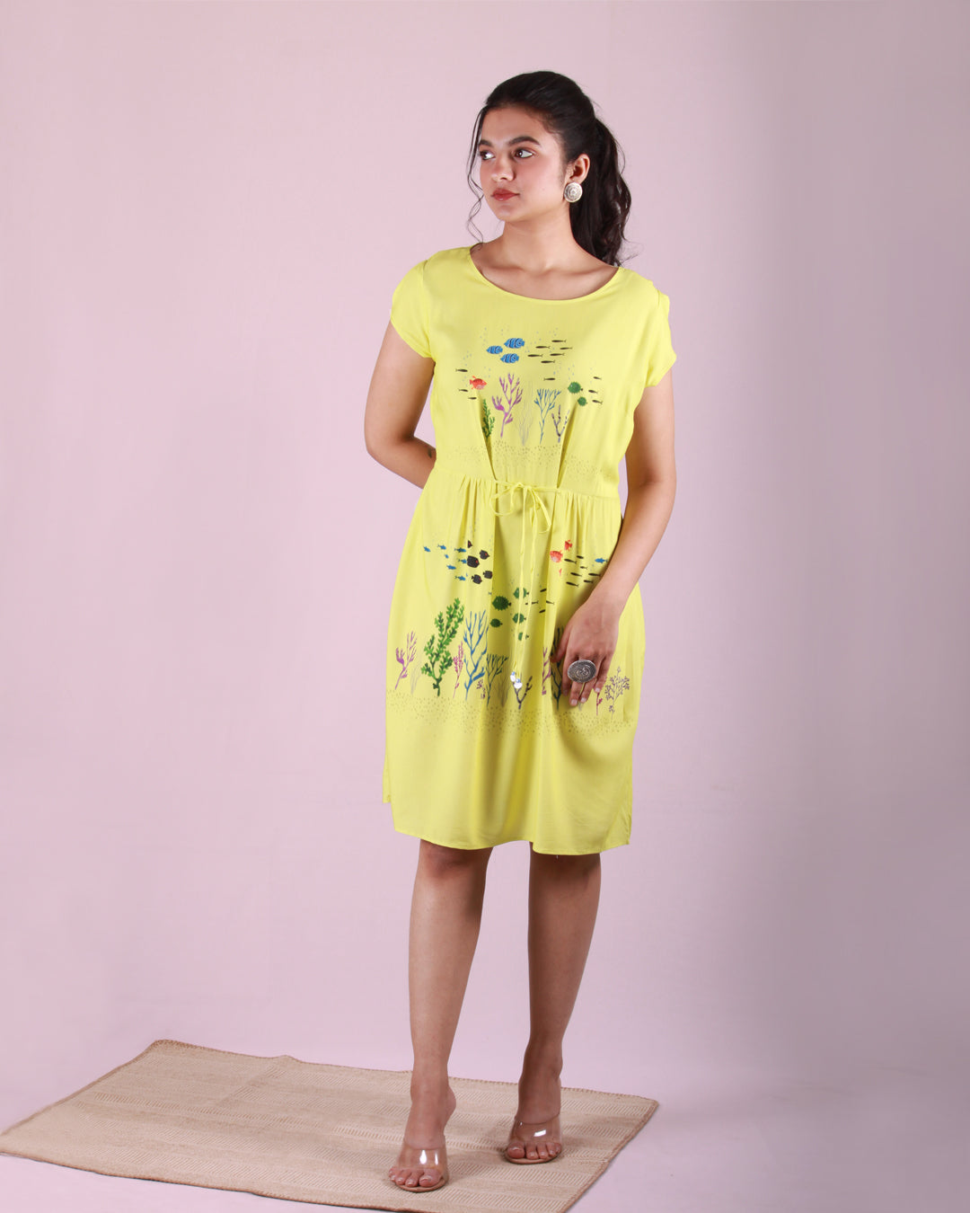 Front full view of Coral Fish Midi Dress in cotton blend with a drawstring and cap sleeves detail