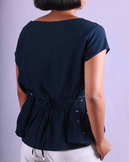 Back view closeup of Deep Blue Marine Top in cotton blend with drawstring and cap sleeves detail