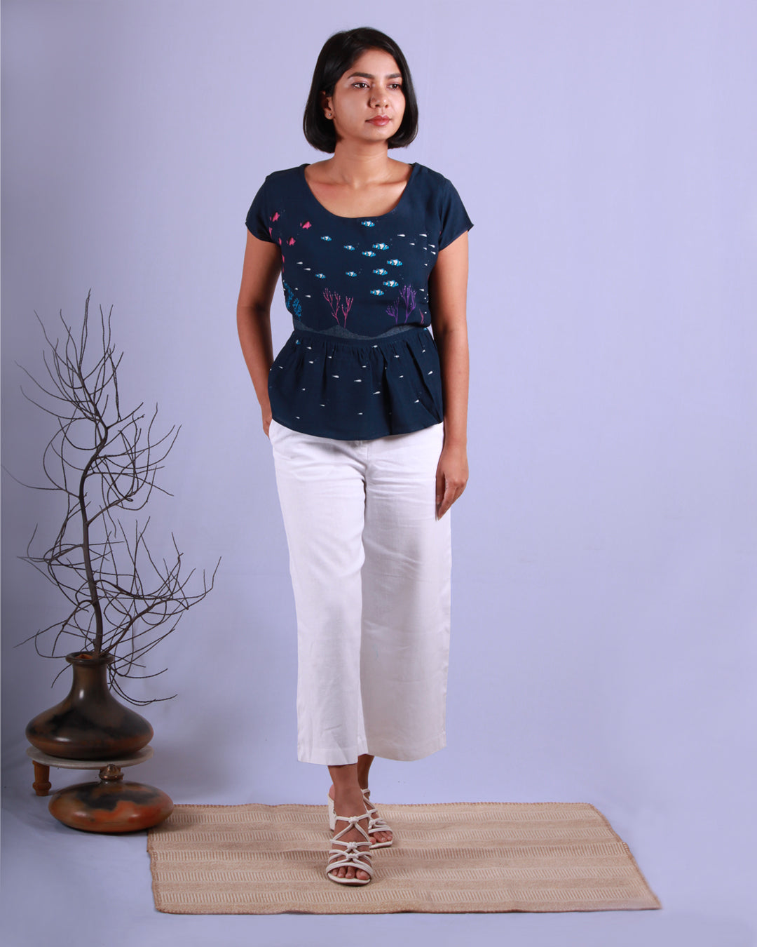 Full view of Deep Blue Marine Top in cotton blend with drawstring and cap sleeves detail