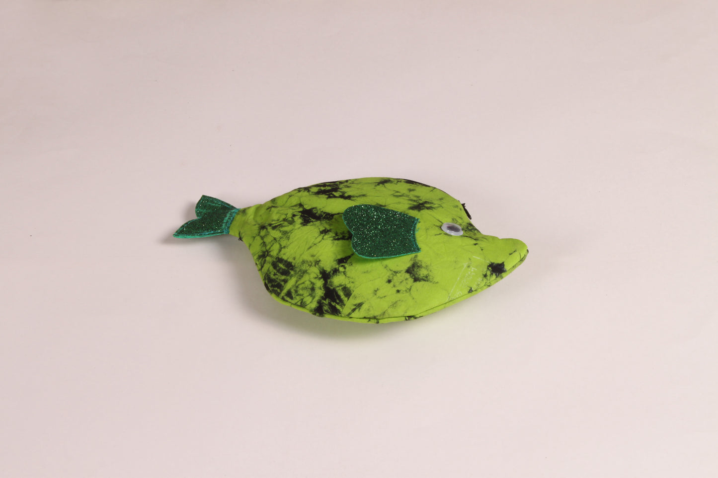 Flat view of Green Pomfret Fish Pouch made from cotton fabric with a zip closure