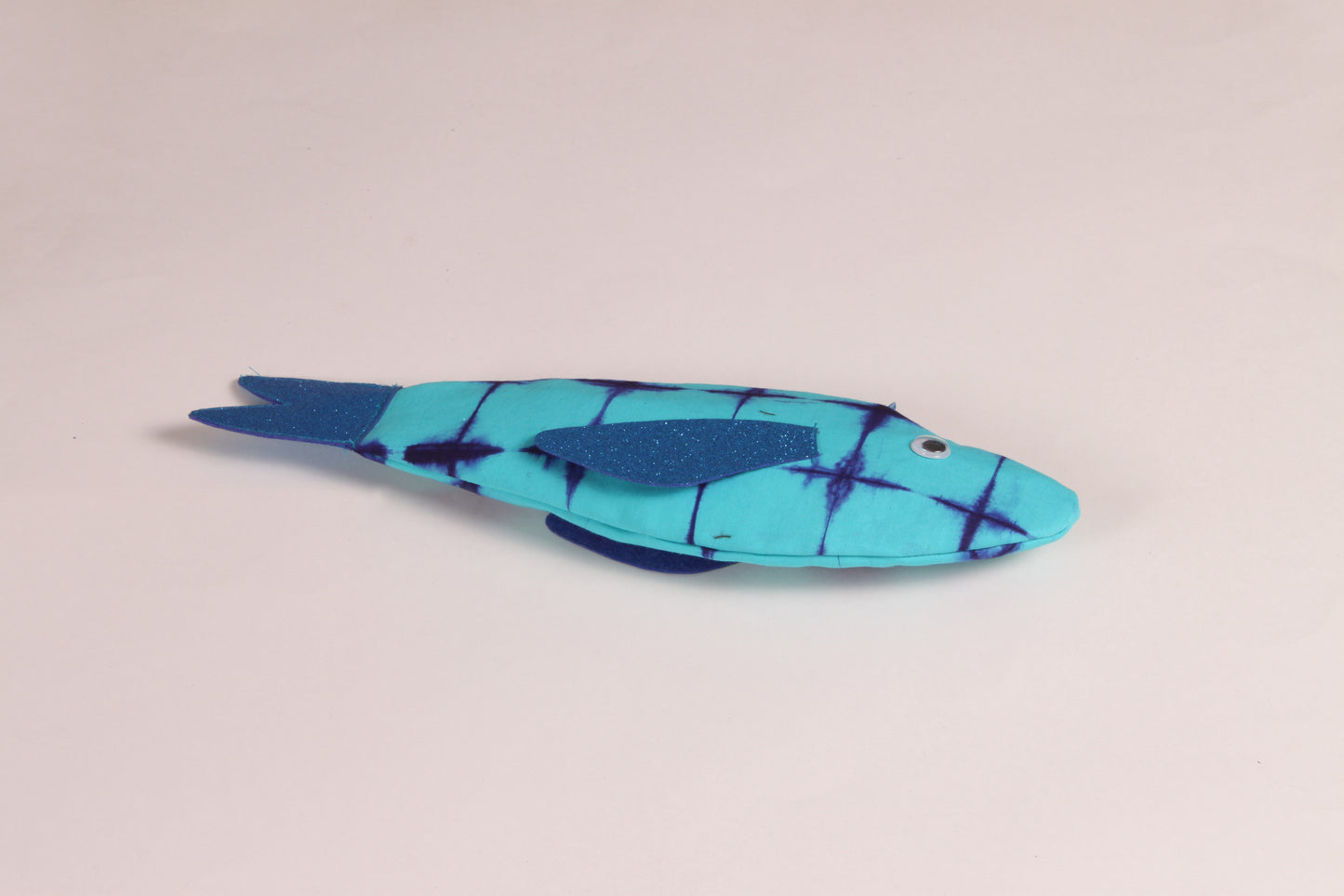 Flat view of Blue Rohu Fish Pouch made from cotton fabric with a zip closure