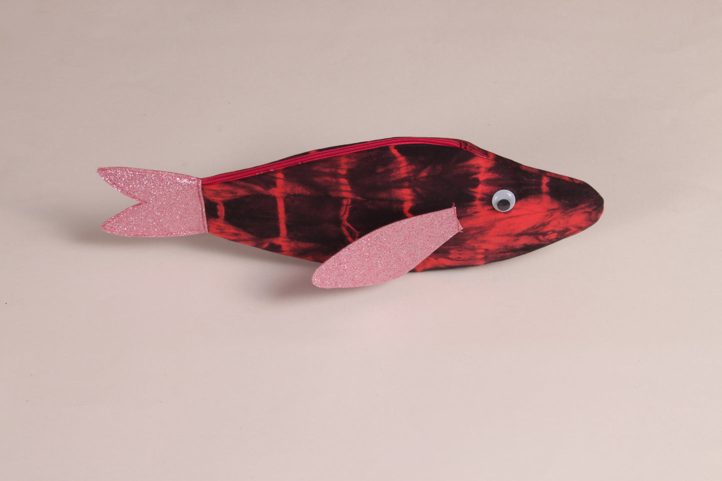 Side view of Pink Rohu Fish Pouch made from cotton fabric with a zip closure