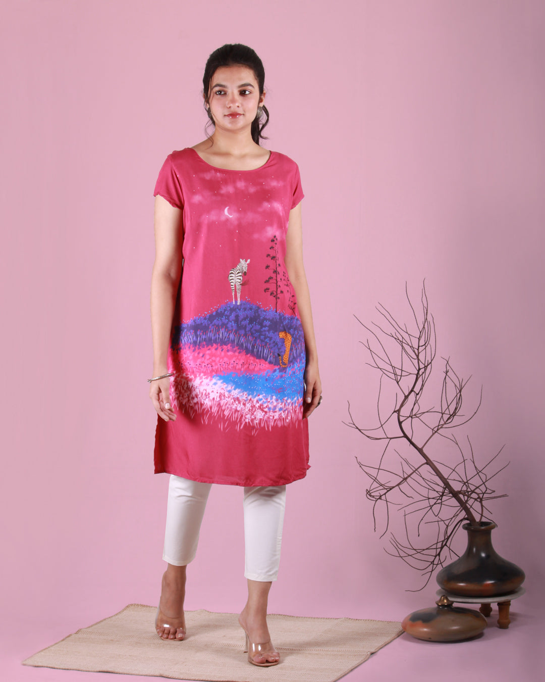 Front side full view of pink Jungle Safari Tunic in cotton blend with an A-line silhouette and cap sleeves