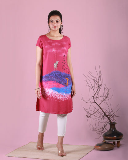 Front side full view of pink Jungle Safari Tunic in cotton blend with an A-line silhouette and cap sleeves