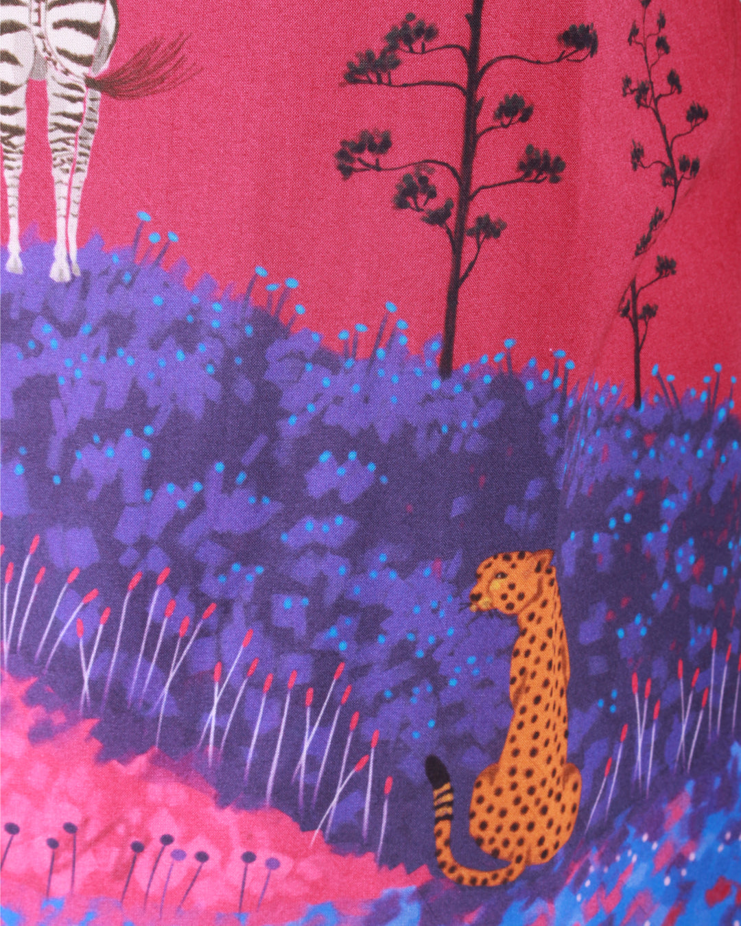 Print detail close up of pink Jungle Safari Tunic in cotton blend with an A-line silhouette and cap sleeves