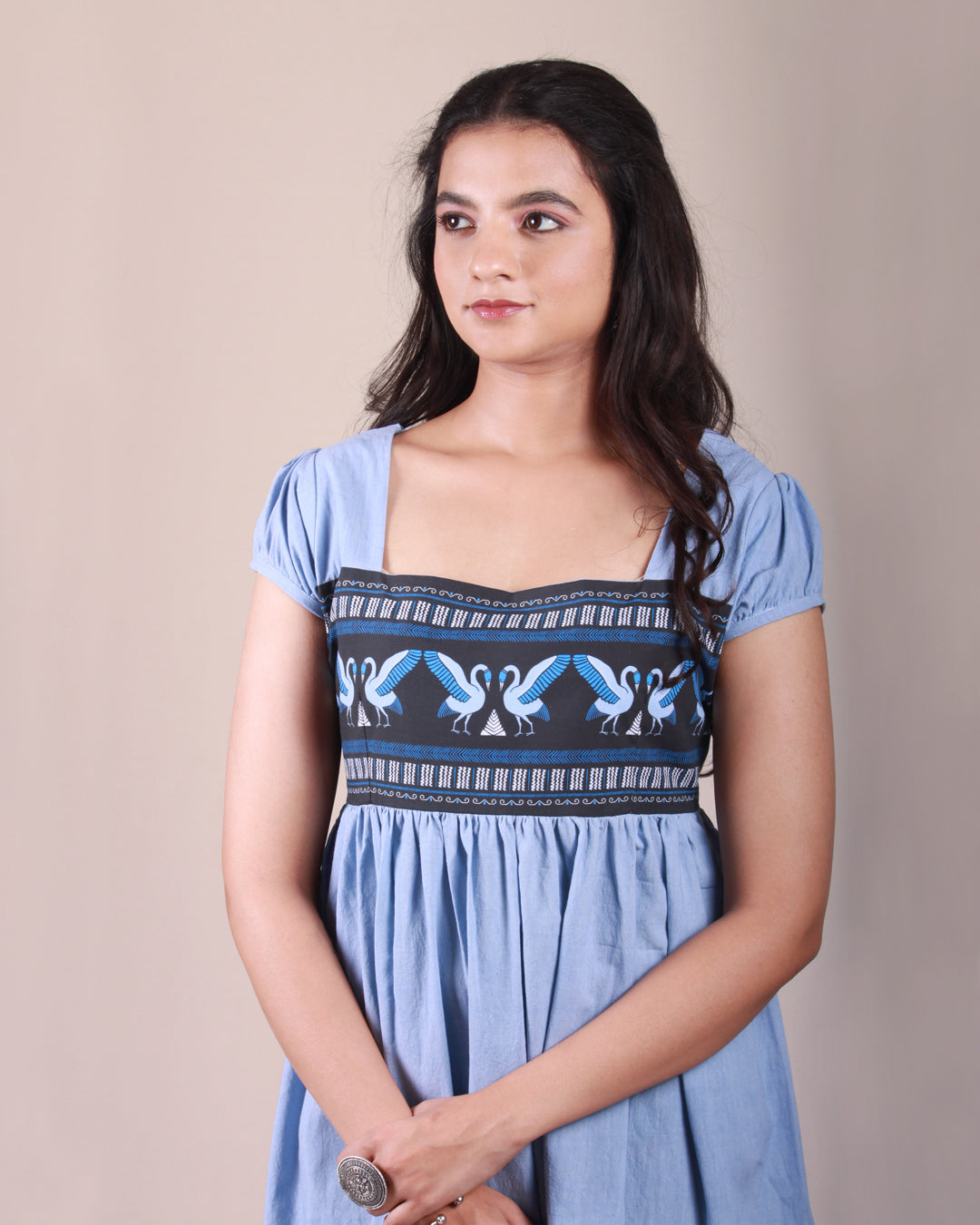 Buy Powder Blue Pottery Maxi Dress With Puff Sleeves In Pure Cotton XS