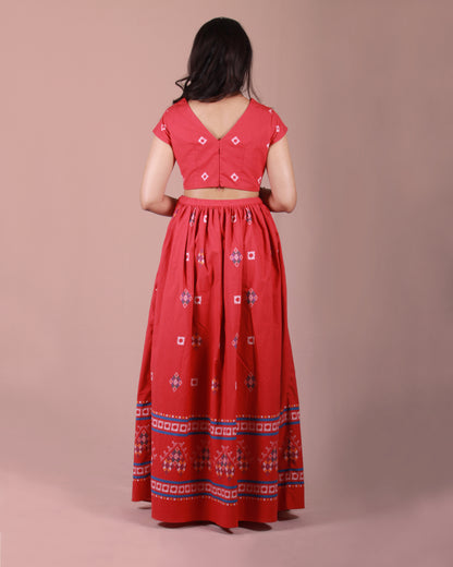 Back view of Red Lambada Co-ord Set in cotton with cap sleeves, playful tassel and shell details