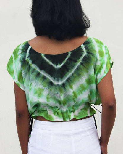 Back view of Tie Dye Green Black Crop Top in cotton blend with drawstring detail at waist