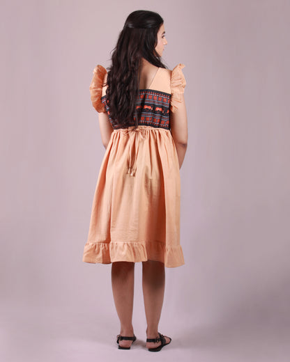 Back view of Terracotta Midi Dress in cotton with drawstring details and flare sleeves