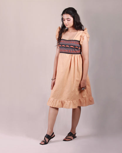 Full front view of Terracotta Midi Dress in cotton with drawstring details and flare sleeves