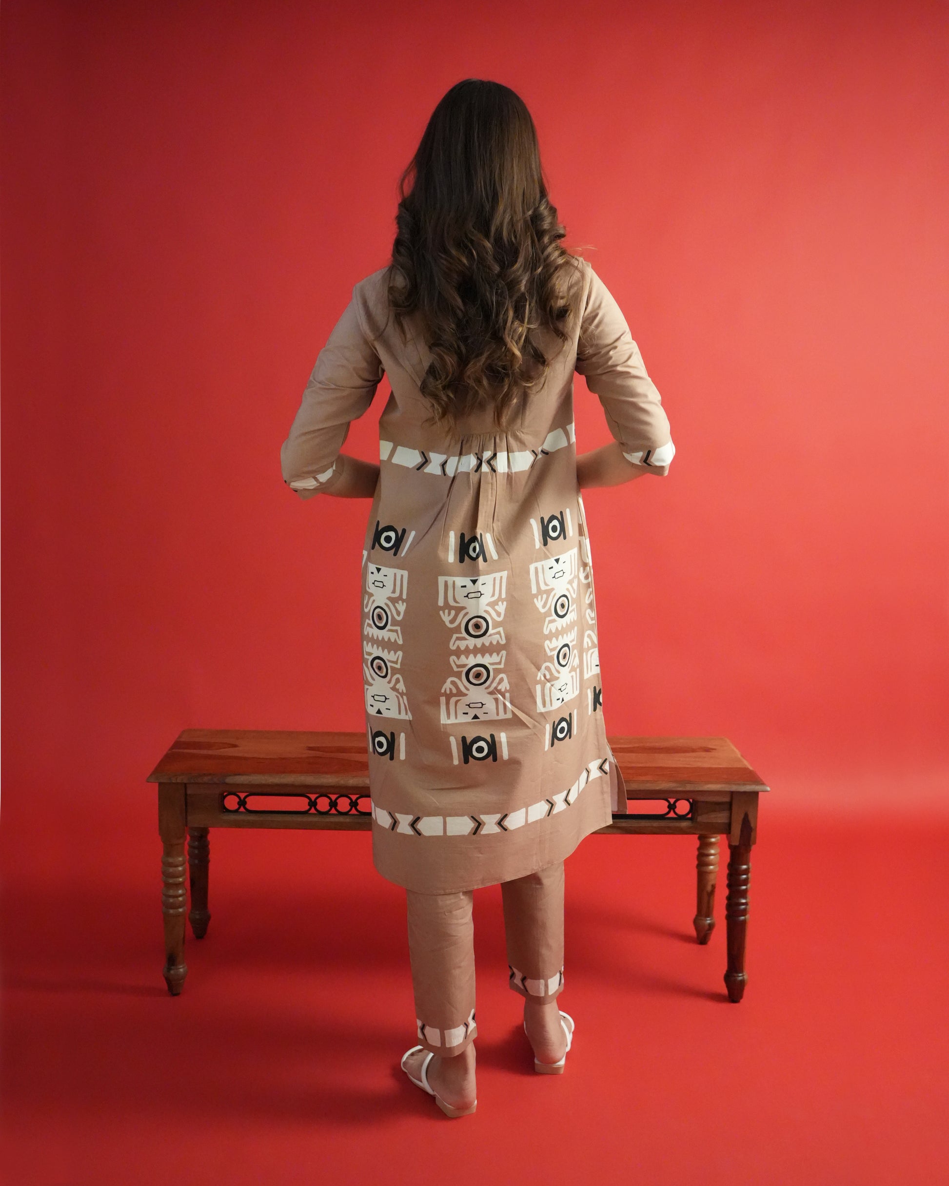 Back view of beige Chaki Cotton Kurta Co-ord Set showing empire-line kurta and slim pants