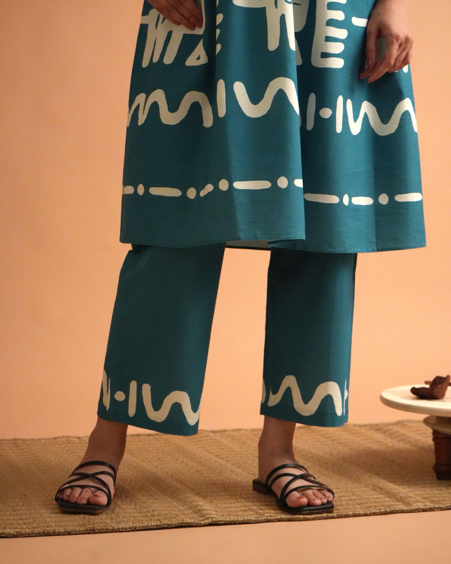 Zoomed-in view of wide-leg pants from the teal blue Polu Cotton Kurta Co-ord Set
