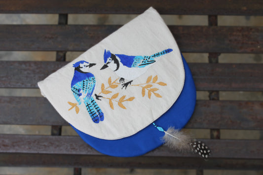 Front flap view of handpainted Blue Jay Sling Bag made from cotton fabric