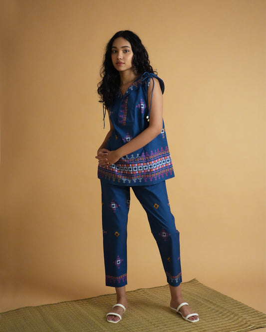 Front view of Selu Cotton Co-ord Set in blue with tribal prints, shell accents, and straight-fit pants.