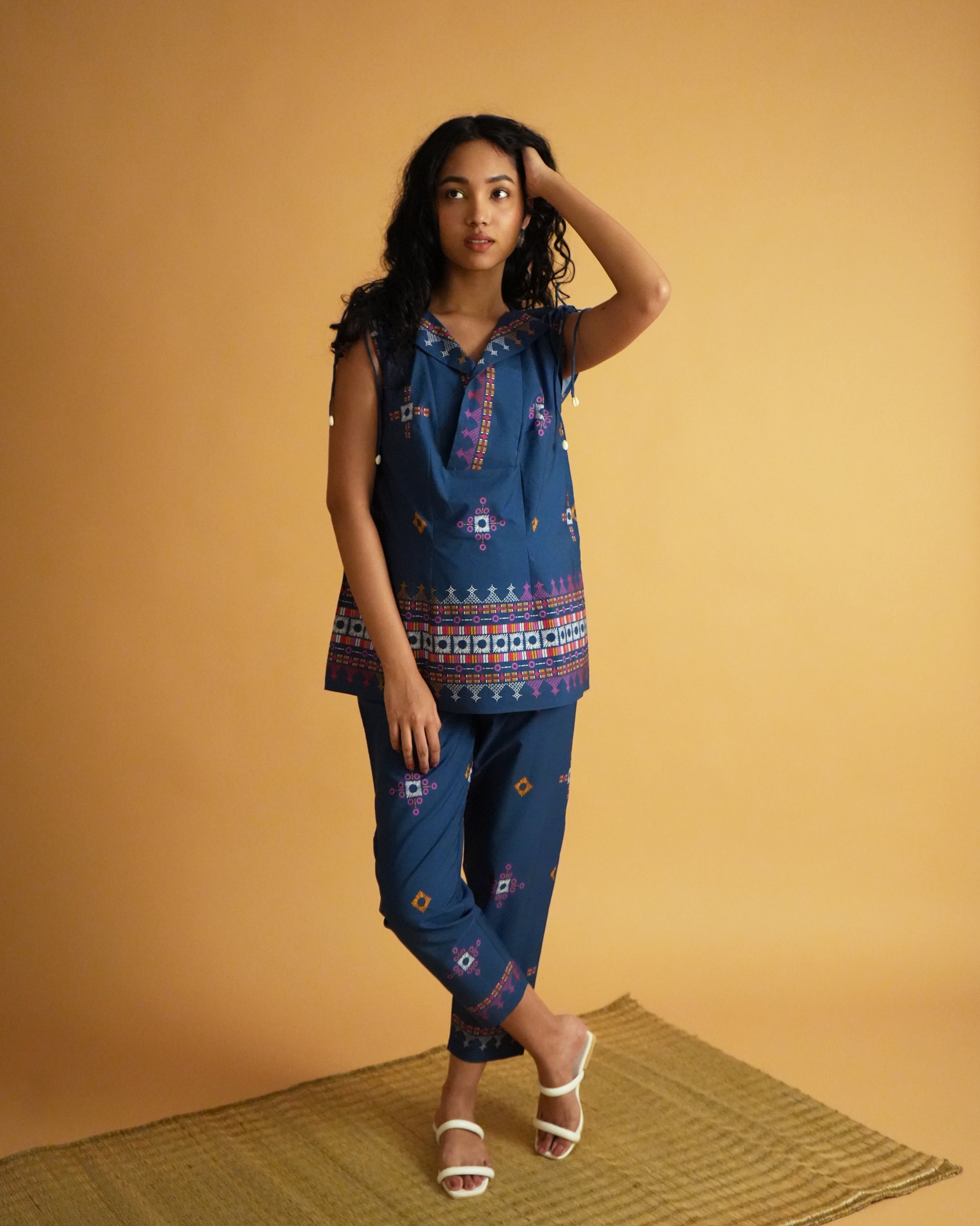 Front view of Selu Cotton Co-ord Set in blue with tribal prints and straight-fit trousers