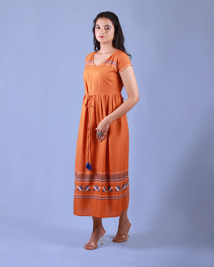 Full front side view of Chrome Pottery Maxi Dress in cotton blend with drawstring and cap sleeves detail