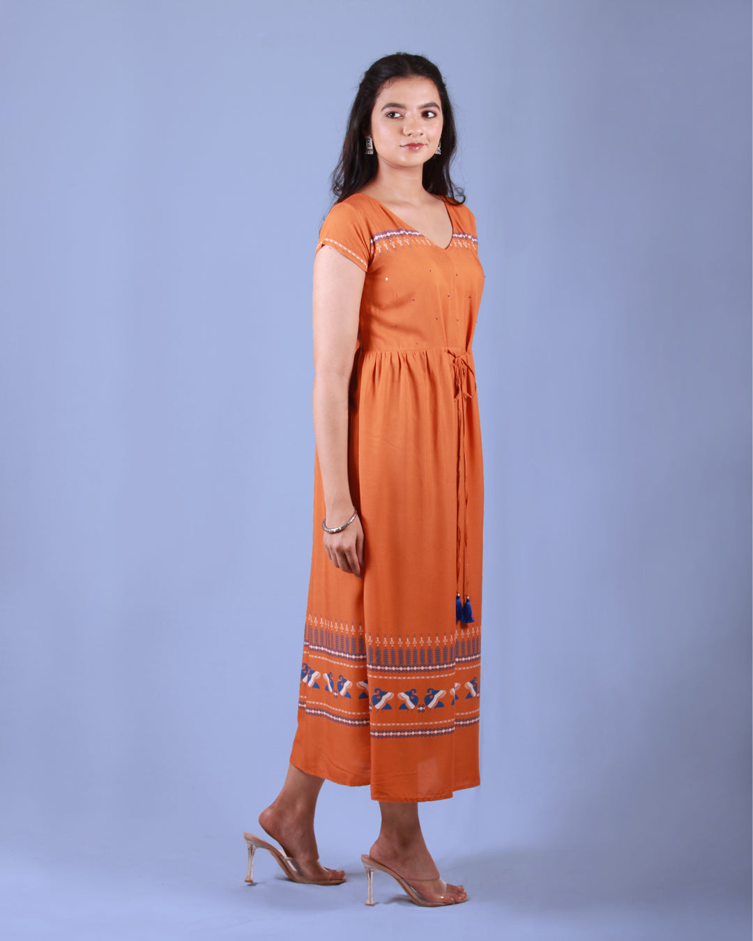 Front side view of Chrome Pottery Maxi Dress in cotton blend with drawstring and cap sleeves detail