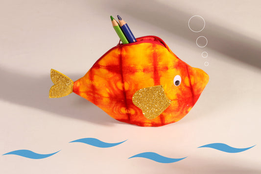 Side view of Golden Yellow Pomfret Fish Pouch made from cotton fabric showing stationery organised 