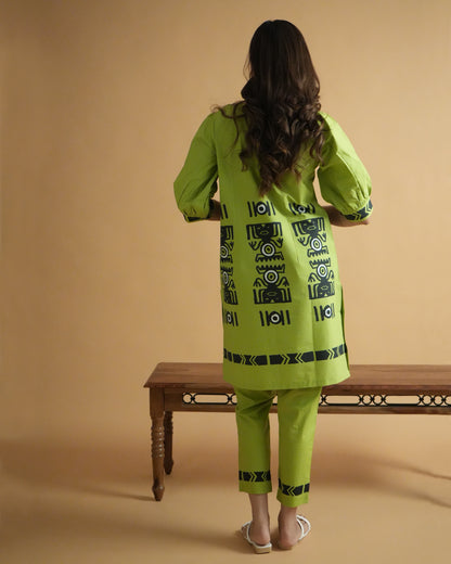 Back view of Amali Cotton Kurta Co-ord Set in leaf green cotton showing puff sleeves and straight-fit pants