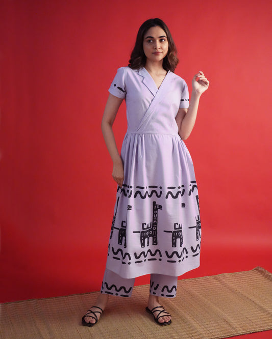 Front view of Usu Cotton Co-ord Set in lavender with lapel-collar kurta, tribal prints, cuffed sleeves, and wide-leg pants