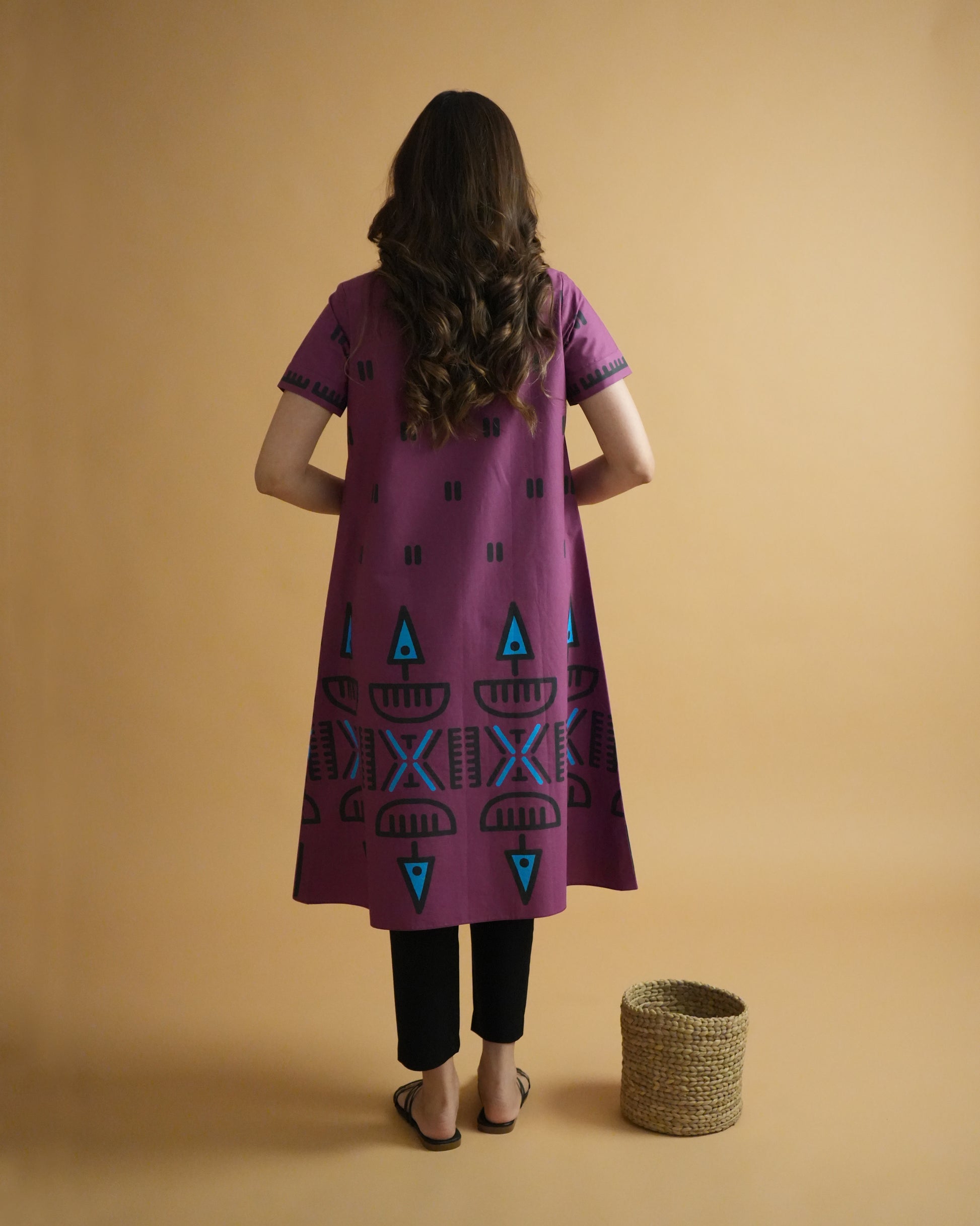 Back view of Papuro Cotton Kurta Co-ord Set in violet cotton showing wrap design and slim pants