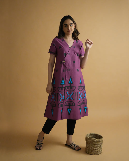 Front view of Papuro Cotton Co-ord Set in violet with wooden button wrap kurta, tribal prints, and slim pants