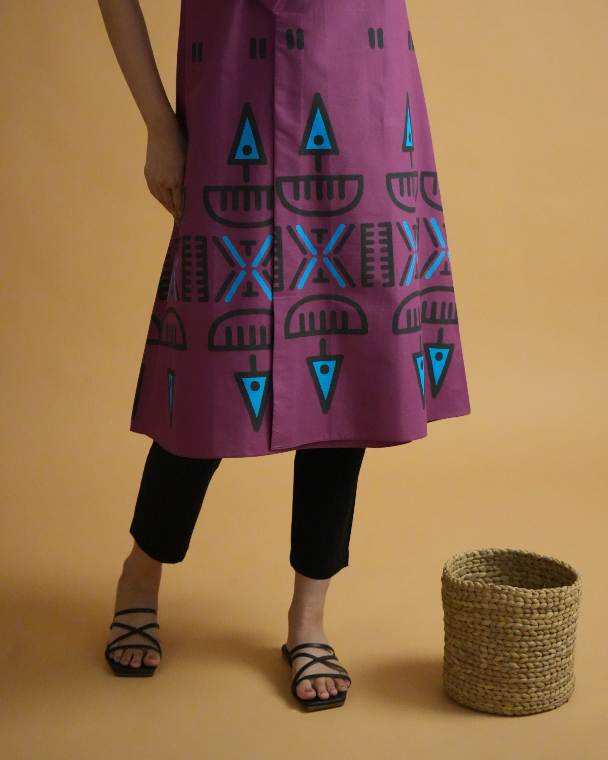 Zoomed-in view of tribal print on violet cotton from the Papuro Cotton Co-ord Set