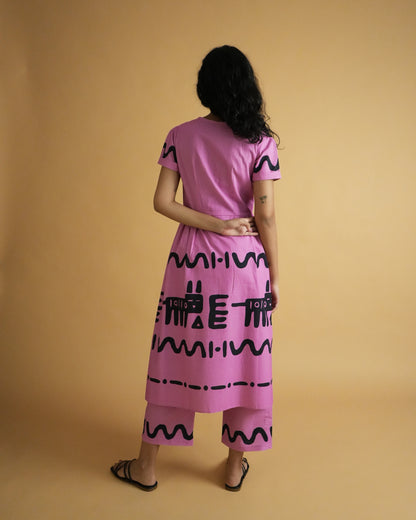 Back view of Jambu Cotton Kurta Co-ord Set in pink showing lapel-collar kurta with cuffed sleeves and wide-leg trousers