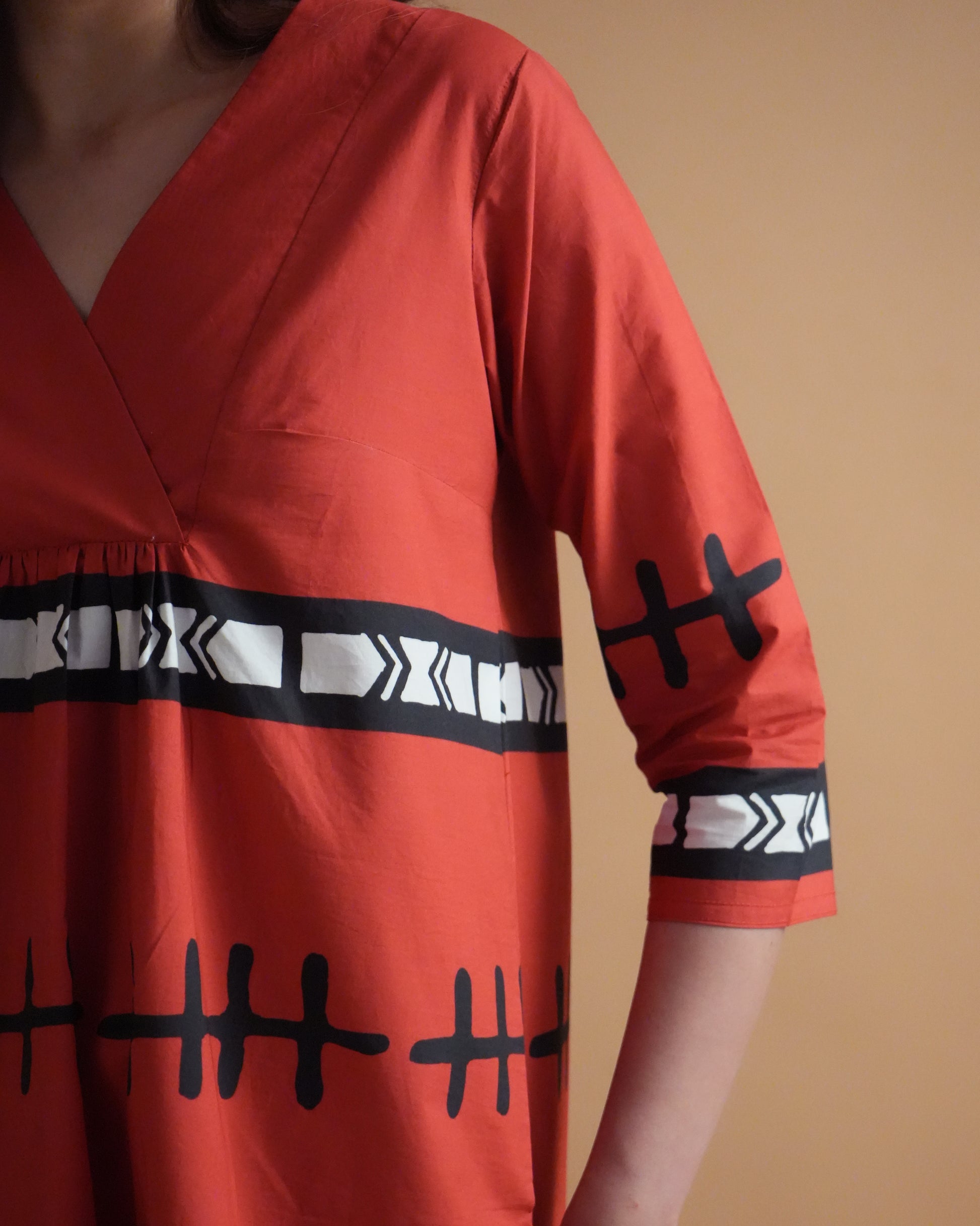 Detailed shot of neckline on the red cotton kurta from the Puka Co-ord Set